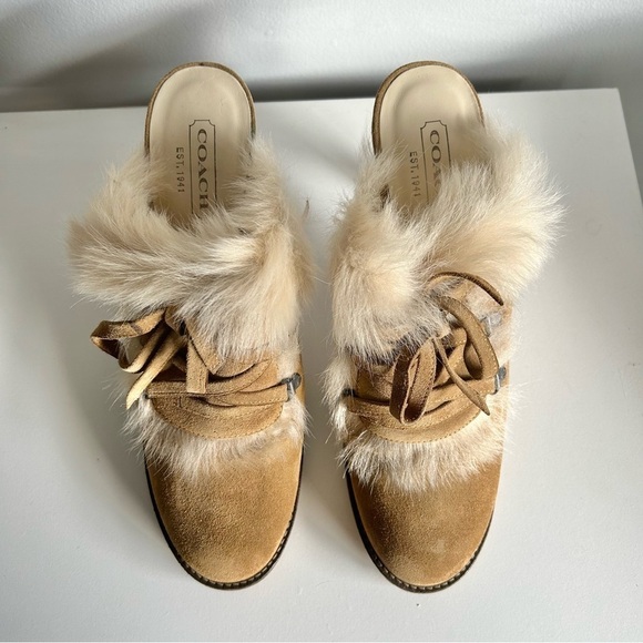 Coach Shoes Kristy Suede Leather Fur Heel Booties Tan Lace-up Size 9B NWOT - Picture 5 of 10